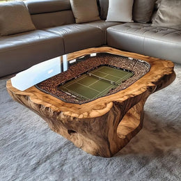 Stolik kawowy live edge z dioramą stadionu tenisowego w żywicy epoksydowej