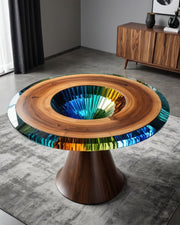 Okrągły stół z orzecha z pryzmatyczną wielokolorową obwódką żywicy i wirem w centrum